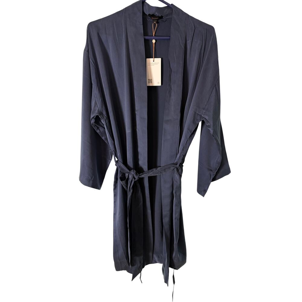 NWT Quince 100% Washable Silk Robe M Indigo Blue Kimono Belted Luxury Lounge - Picture 6 of 11
